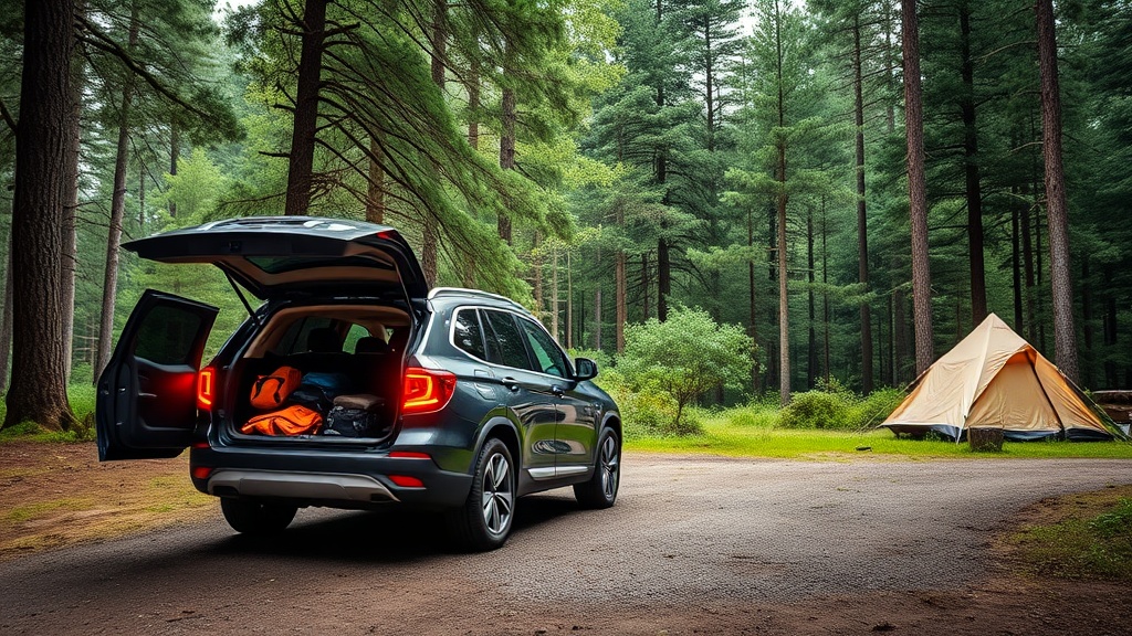 푸른 숲 속 캠핑장에서 트렁크를 열고 차박을 즐기는 SUV 차량의 모습