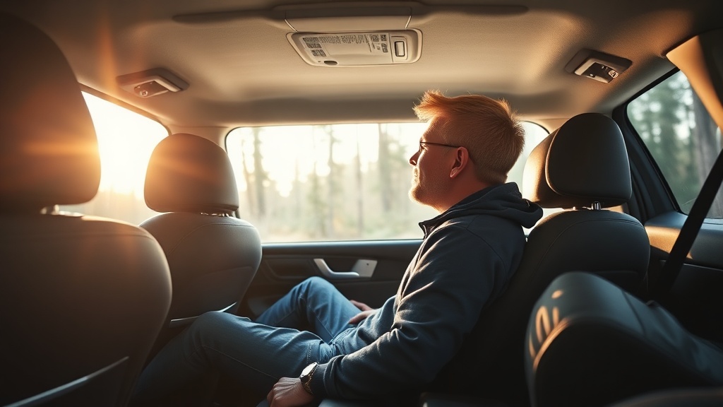 SUV 실내에서 허리를 곧게 펴고 앉아 창밖을 감상하는 차박러의 모습